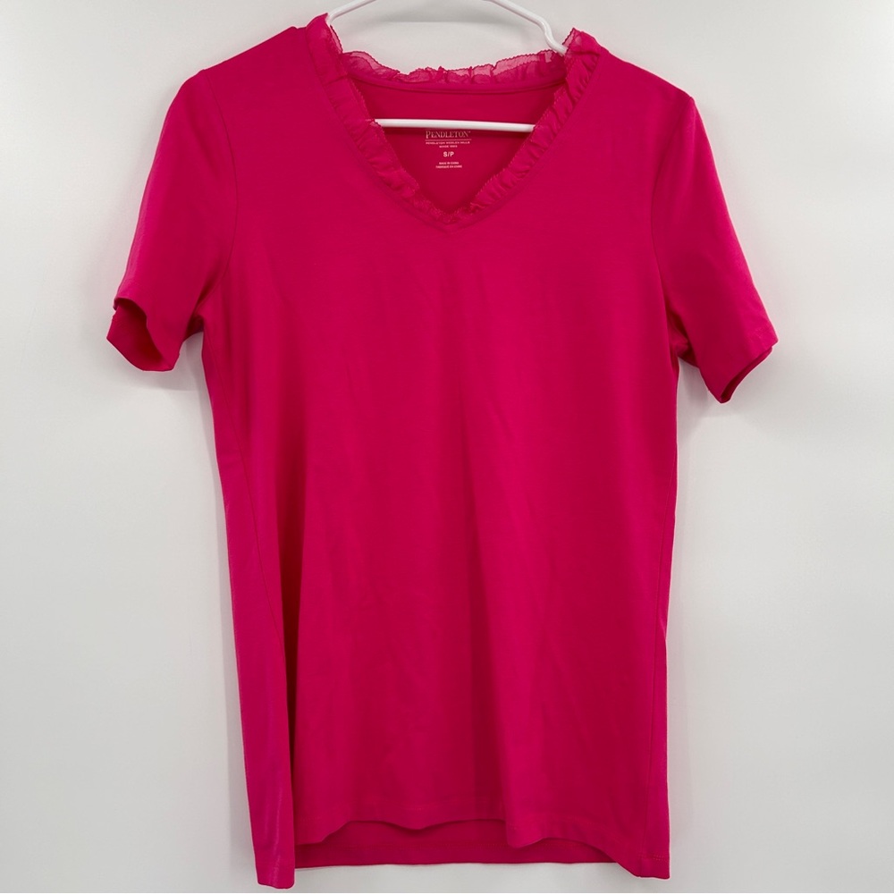 Pendleton Womens Silk Trim V Neck T-Shirt Size Small Hot Pink‎ Short Sleeve